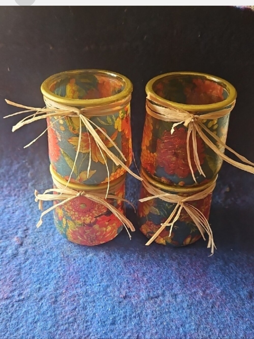 Floral Decopaged Glass Jars w/Gold Rim & Natural Twine. Includes Candles Qty 4